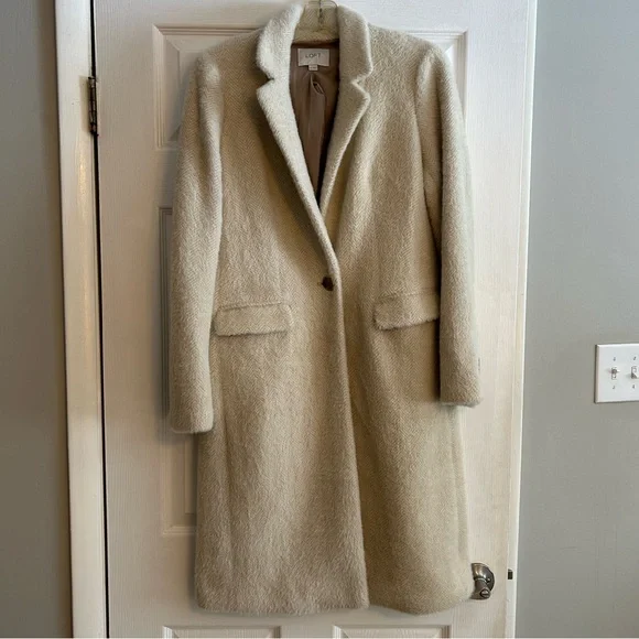 LOFT Cream Herringbone Faux Fur Midi one button coat size XS - Picture 1 of 10